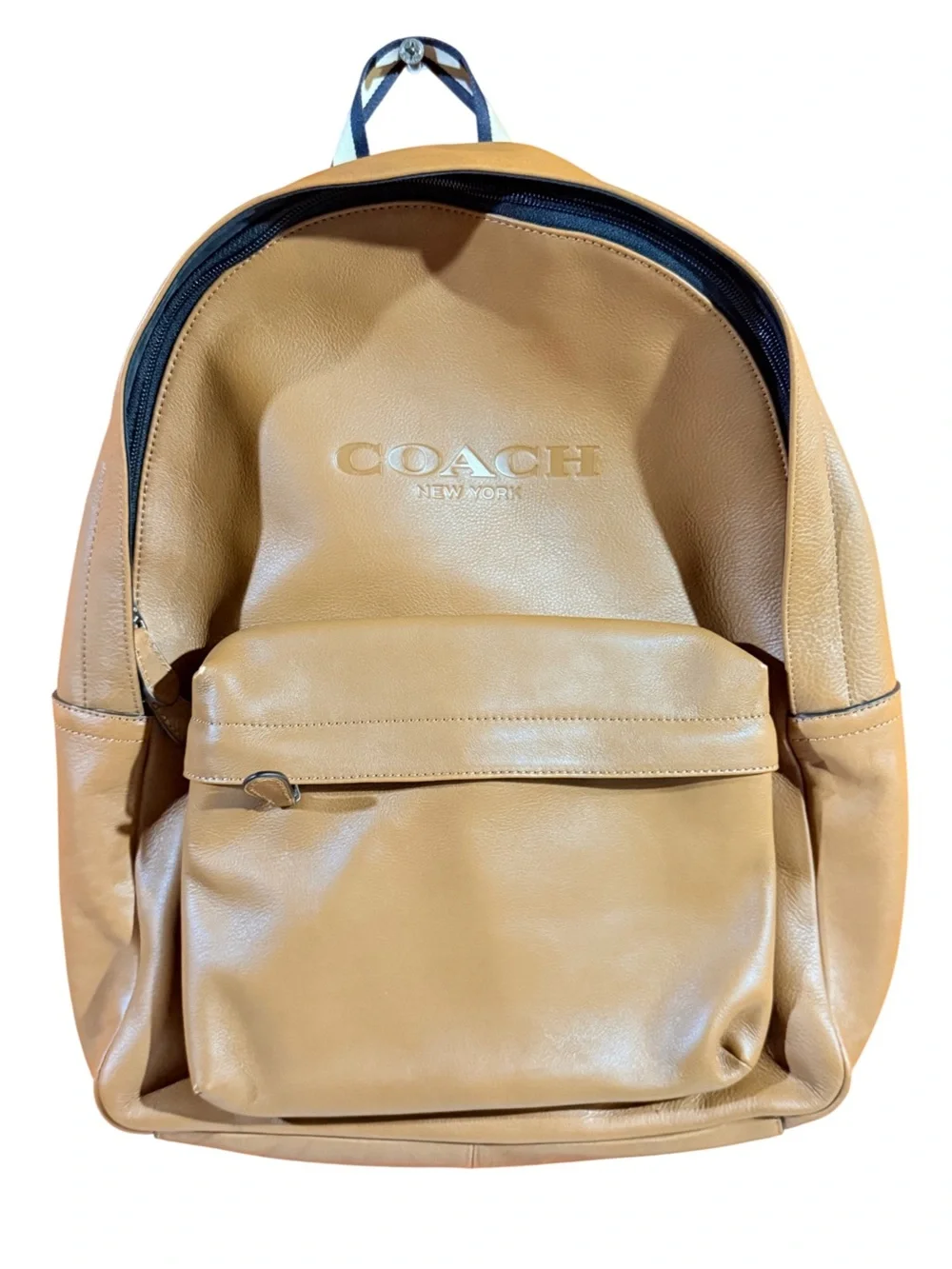 Coach Tan Leather Men's Backpack with Front Zip Pocket